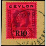 1912-25 10r purple and black/red, die II (SG 318b) fine used, tied to small piece by COLUMBO cds,