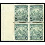 1938-47 4d black, left hand block of four, stamp "3" showing "Flying Mane" (SG 253a) the top pair