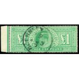 1911-13 £1 deep green (SG 320) left hand marginal used by Guernsey cds of January 30 1912, a few