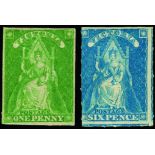 1857 1d imperforate yellow-green (four good margins) and 1858 rouletted 6d bright blue (SG 41 and