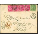 1889 Registered cover to St Kitts, 4½d rate paid by 1886-90 1d rose horizontal strip of four and