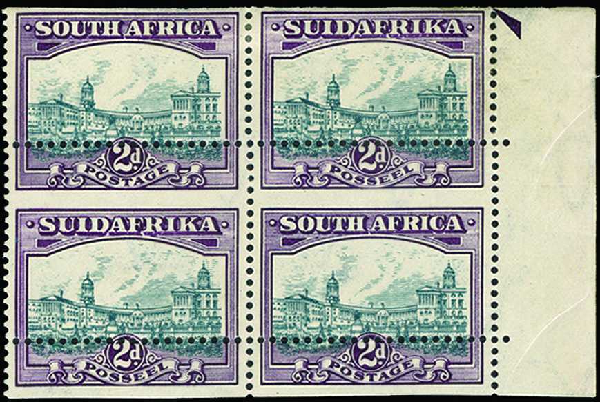 1930-44 2d slate-grey and lilac, right marginal block of 4, showing 7mm horizontal perf shift (SG