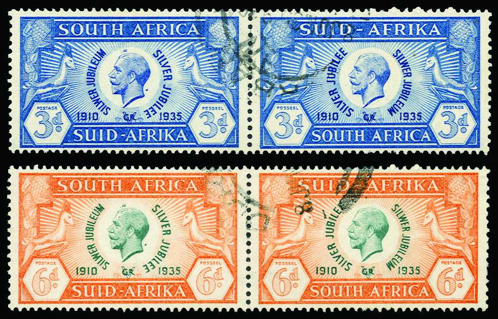 1935 Jubilee set of 4 horizontal pairs, showing "spots above head and behind neck" flaws (SG 65b/