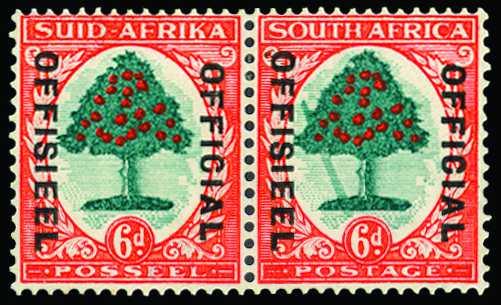 1935-49 Overprint type O2, 6d green and vermilion (I) horizontal pair, variety "Falling ladder" (