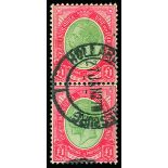 1913-24 £1 green and red (SG 17), vertical pair used by large part 'Hollard St/Johannesburg' cds for