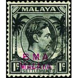 1945-48 1c black variety 'Magenta overprint' used by part Singapore cds (CW 22b), fine and scarce,