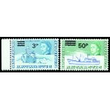 1971 3p on 3d blue and 50p on 10s ultramarine and emerald, both variety 'Watermark inverted' (SG