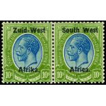 1923 Setting I, 10s blue and olive-green (SG 11) horizontal pair, fine large part o.g. and very