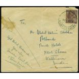 India Used In: 1934 October 21 envelope to India, franked with Indian KGV 1a brown, neatly tied