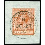 GB Used in: 1912-22 5d brown tied to small piece by code "B" ASCENSION cds dated OC 27 22 (SG Z46)