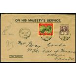 1929 March 23, O.H.M.S. reg manila cover to Ottawa, Canada, franked 1923-33 3d and Leeward Island