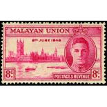 1946 Prepared for use but not issued Malayan Union Victory 8c carmine u/m, couple of shortish