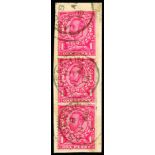 Great Britain used in: 1912 watermark simple cypher 1d scarlet (die II), vertical strip of 3 with