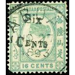 1892 6c on 16c grey surcharge type 12 (SG 50) used with large part cds of November 29 1893, fine,