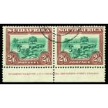 1927-30 2s 6d green and brown, perf 14x13½ (SG 37a), horizontal pair with imprint, odd shortish perf