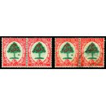 1933-48 6d green and vermilion (I), two horizontal pairs showing the "molehill" flaw (SG 61b), one