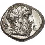 Boeotia, Thebes (440-380 BC), stater, Boeotian shield, rev. T - ?,, bearded hd. of Dionysos r.