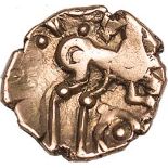 Celtic coinage, Iceni, uninscribed Snettisham type, gold quarter stater, wreath cross, rev. horse r.