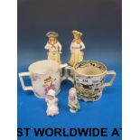 A pair of bisque figures, two pin doll f