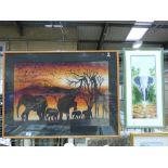 A large silk picture of elephants togeth