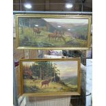 Two large framed prints of deer in a woo