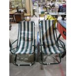 Two green striped garden loungers and a