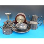 Two train mantel clock, egg cruet, plate