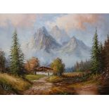 Oil on canvas of an Alpine landscape ind