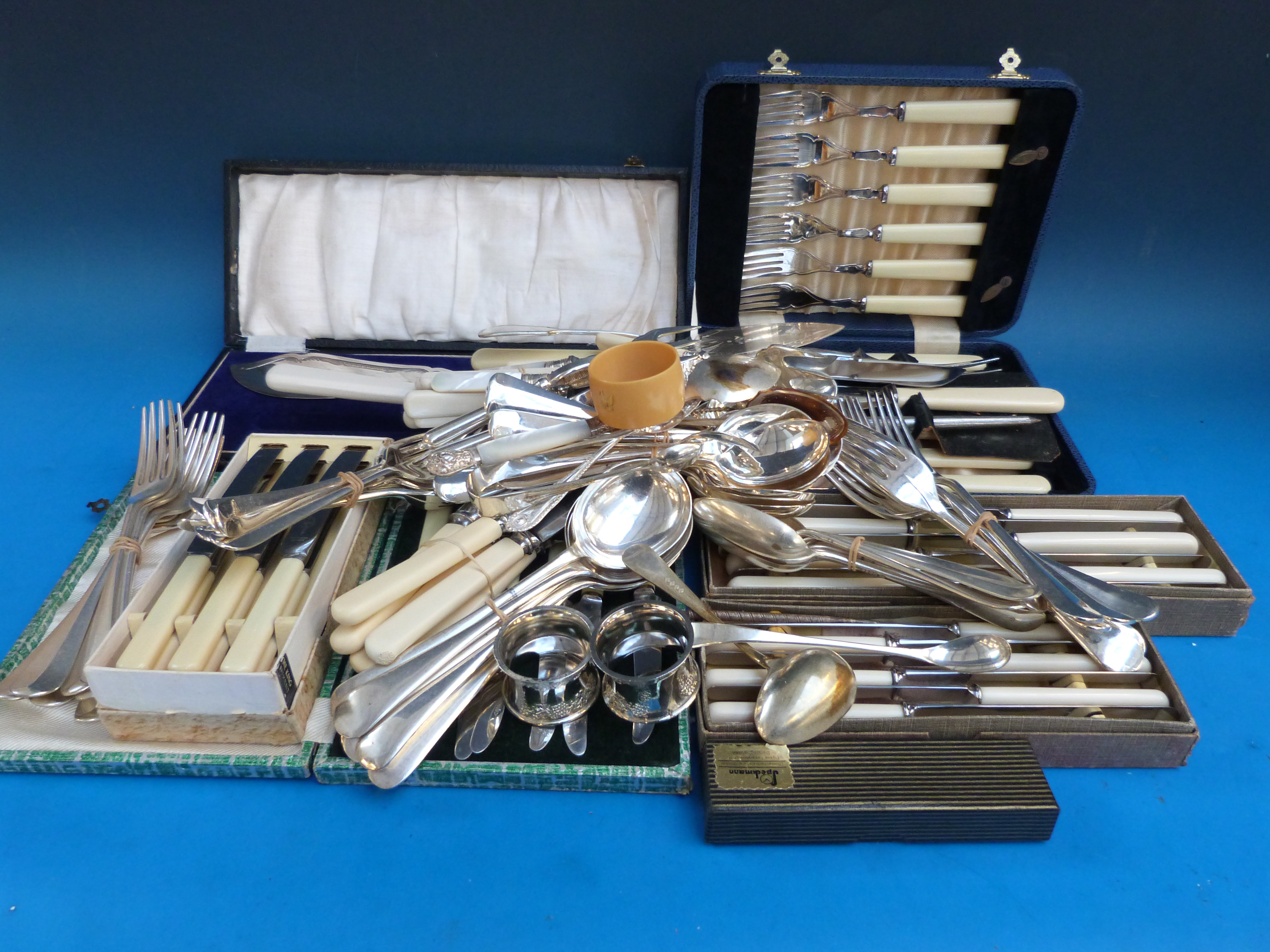 Large collection of cased cutlery, plate