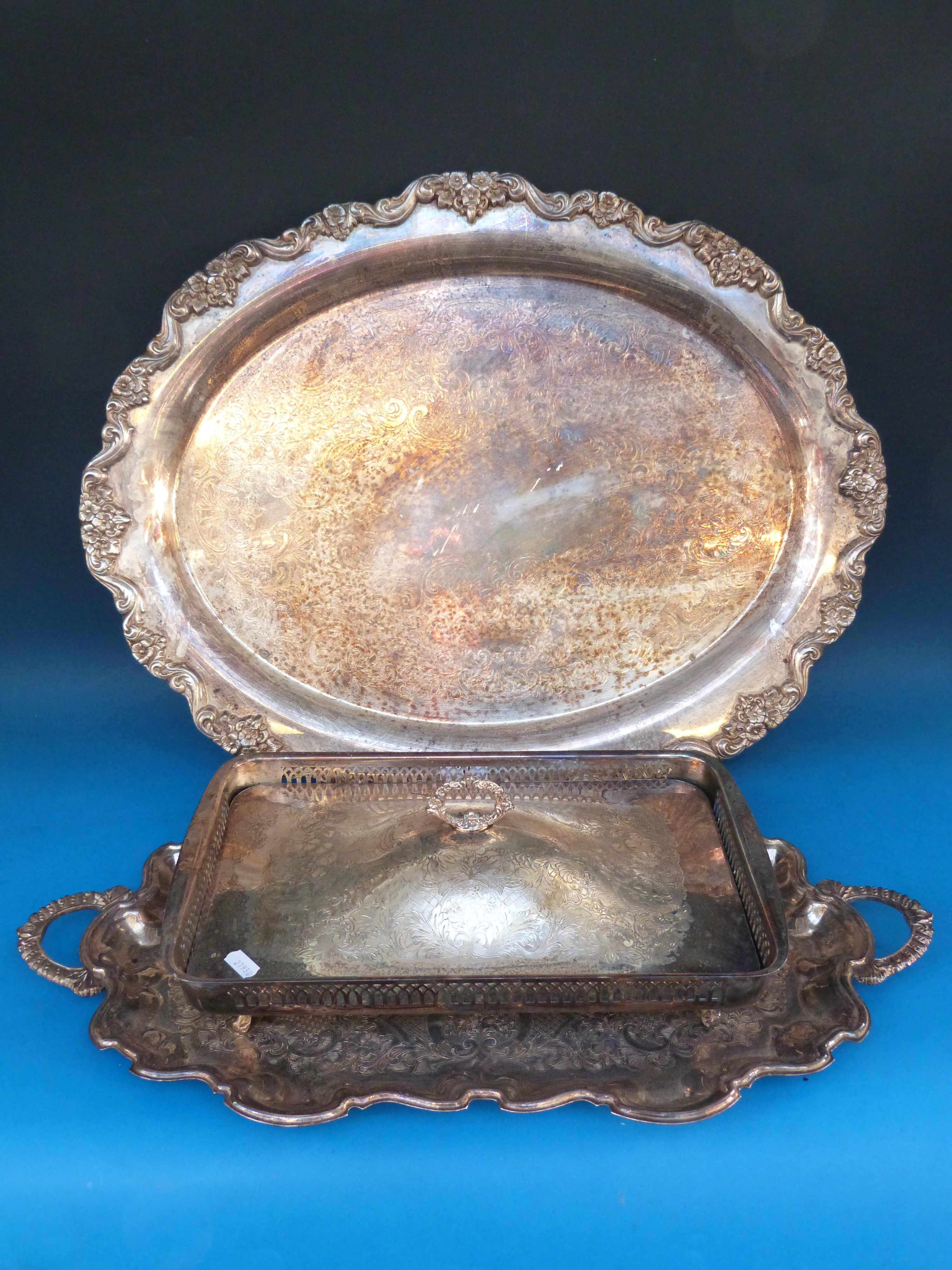 A large silver plated salver, length 66c