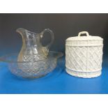 A Wedgwood cheese dome, glass jug and bo