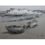 A gouache of beached boats in harbour (2