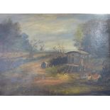 An oil on canvas of gypsies sitting arou