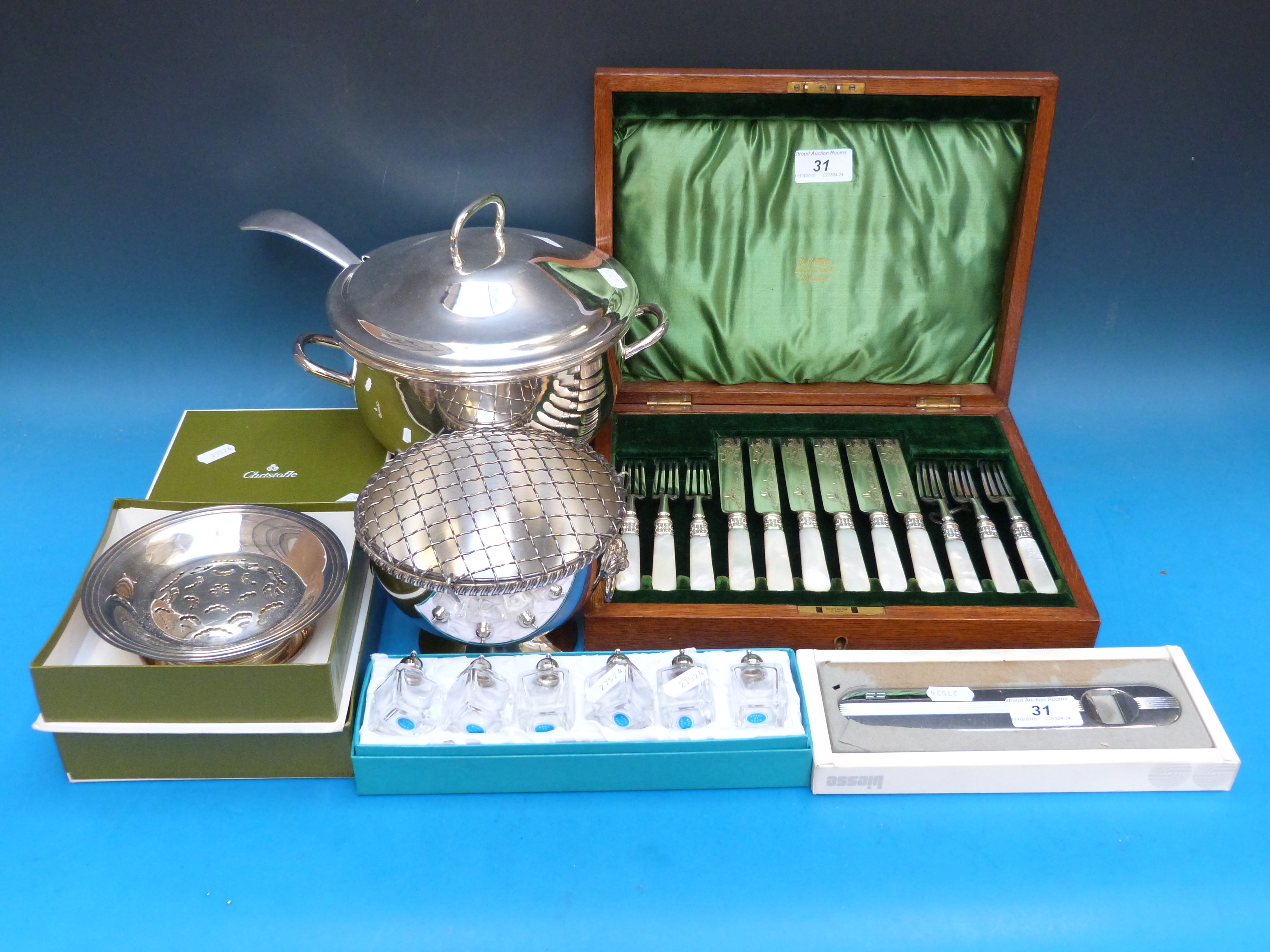 A cased set of cutlery with mother of pe