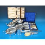 A plated tea set, cased cutlery, mother-