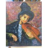Oil on canvas of a young violinist, signed Thompson (61 x 51cm)