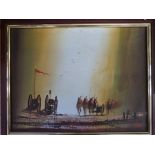 Two oils on canvas one of a battle scene, the other of ships
