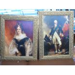 A large ornate framed picture of a well dressed lady in period dress together with another of a