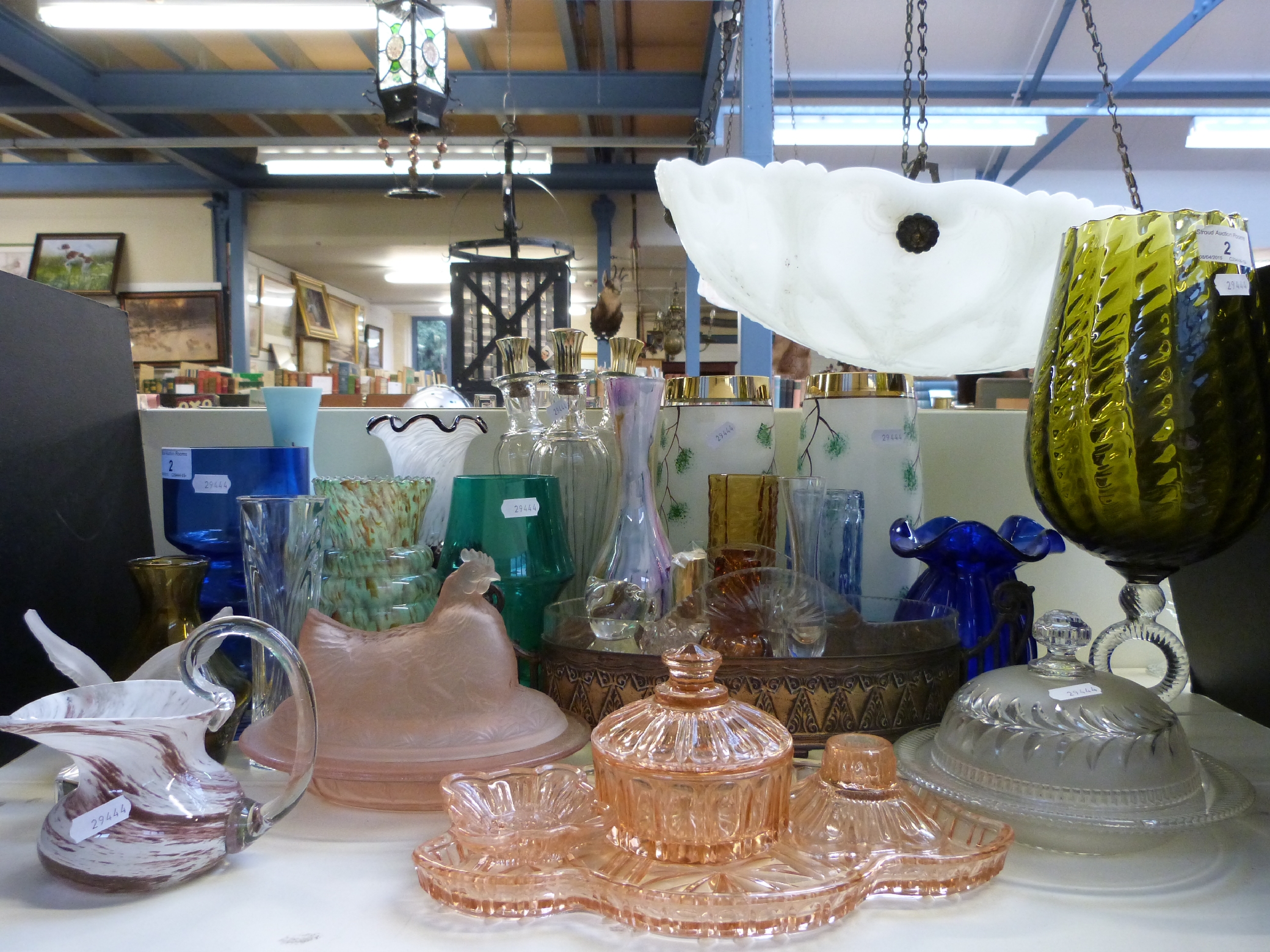 A collection of various glassware to include a WMF style oval bowl and a Goebel bird