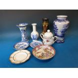An 18thC Chinese saucer, Bretby vase, Masons vase with chinoiserie scene etc