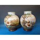 A pair of large 19thC / 20thC hand-painted  German vases decorated with woodland flowers (30cm