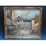 Burnett oil on board street scene together with two scroll pictures