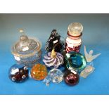 A quantity of glass ware to include paperweight, covered bowl, animals etc