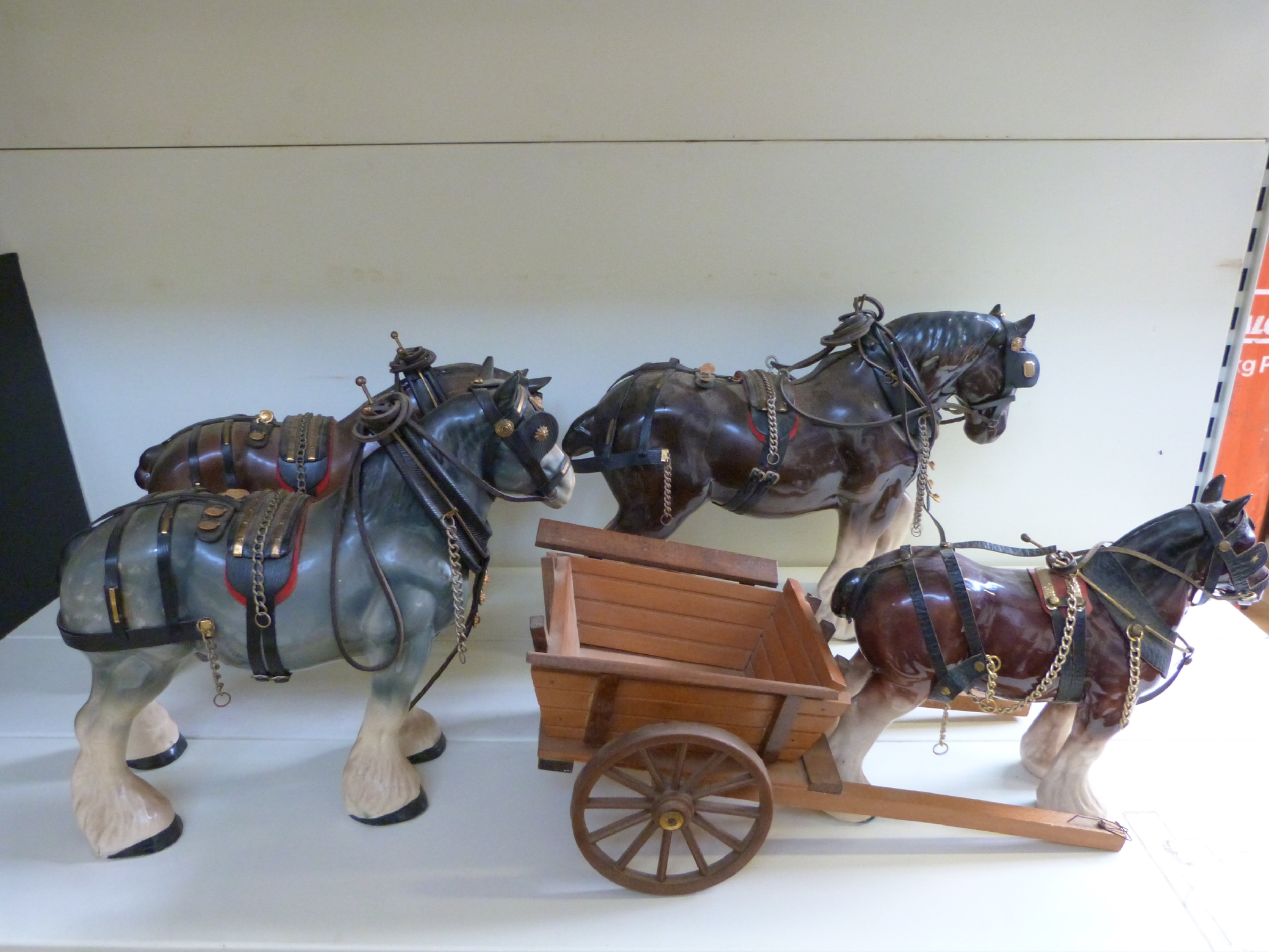 Four harnessed ceramic Shire horses and wooden cart - Image 2 of 3