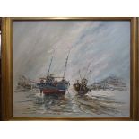 Two framed oil paintings, fishing boats at low tide and windmill