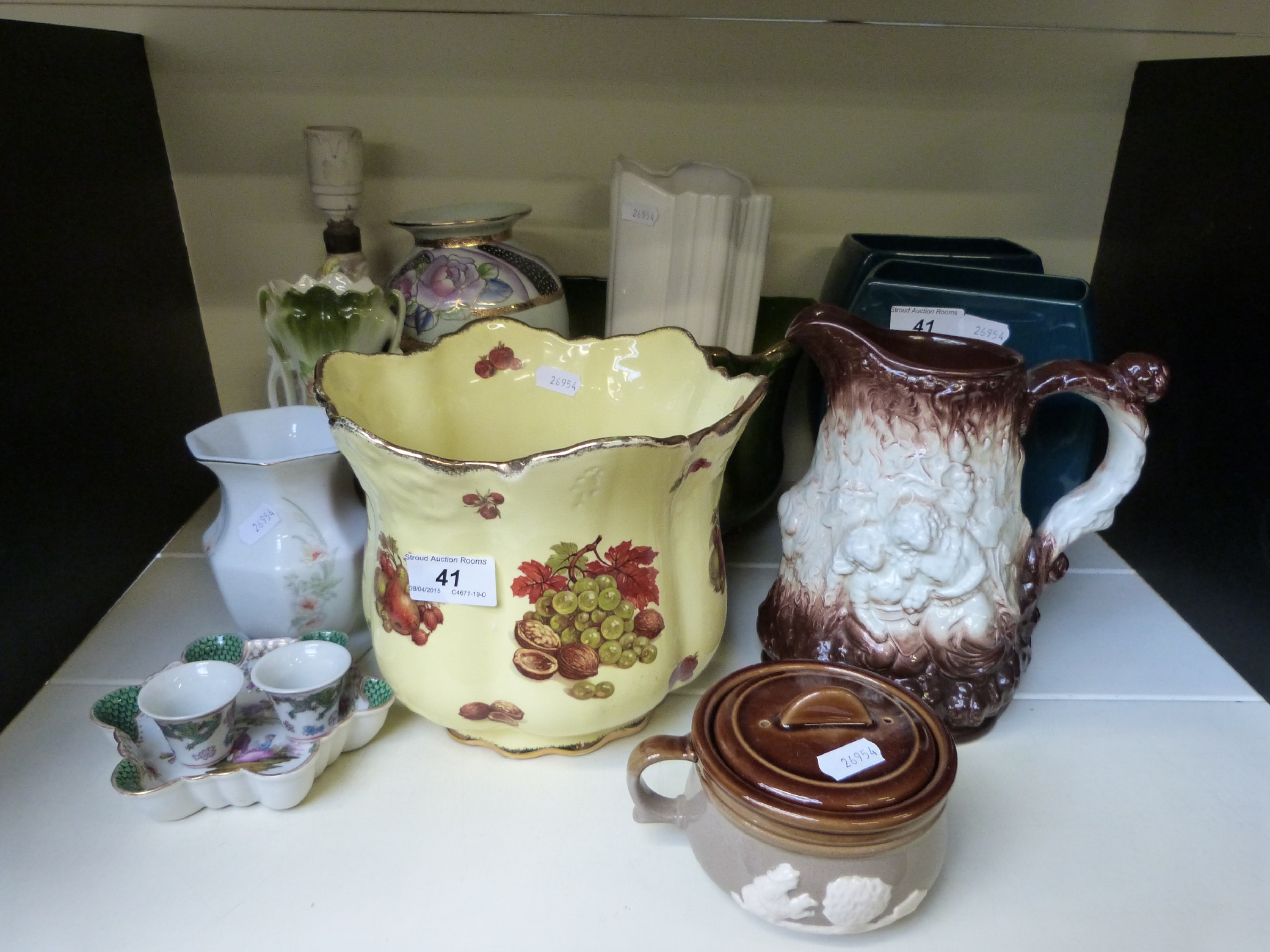 A quantity of ceramics to include figural lamp base, Burleigh Ironstone jug, jardineres etc