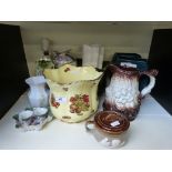 A quantity of ceramics to include figural lamp base, Burleigh Ironstone jug, jardineres etc