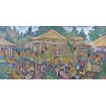 A large Balinese picture on fabric of a village scene. Signed "Madaneka Beda Ohu, Bali" (64 x
