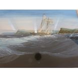 Tony Batey gouache of a sailing boat at sea with cliffs to the background,