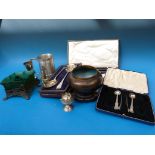 A collection of metalware to include hallmarked silver spoons, cloisonne bowl,